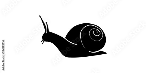 Vector illustration of a crawling garden snail in silhouette. Snail logo design vector template. Flat design, cartoon style.