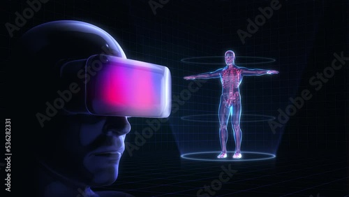 human wearing virtual reality glasses looking at the hologram of human anatomy. 