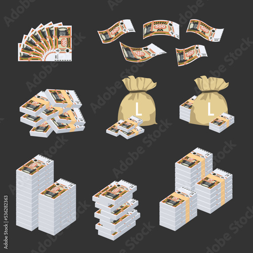 Moldovan Leu Vector Illustration. Huge packs of Moldova money set bundle banknotes. Bundle with cash bills. Deposit, wealth, accumulation and inheritance. Falling money 500 MDL.