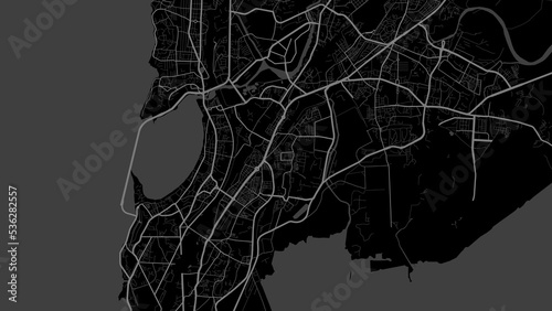 Dark black Mumbai city area vector background map, roads and water illustration. Widescreen proportion, digital flat design.