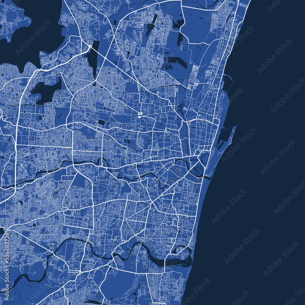 Detailed map poster of Chennai city, linear print map. Blue skyline