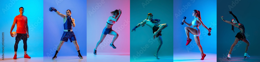 Sport collage of professional athletes posing isolated on multicolored background in neon. Volleyball, boxing, run, mma, fitness, figure skating.