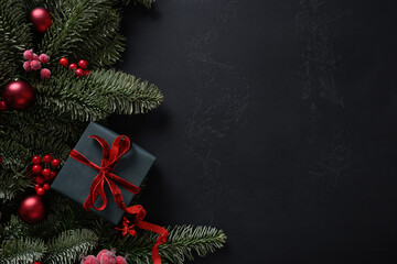 Christmas gift , red decorations, evergreen branches on black background with copy space. Xmas greeting card. Holiday time. View from above.