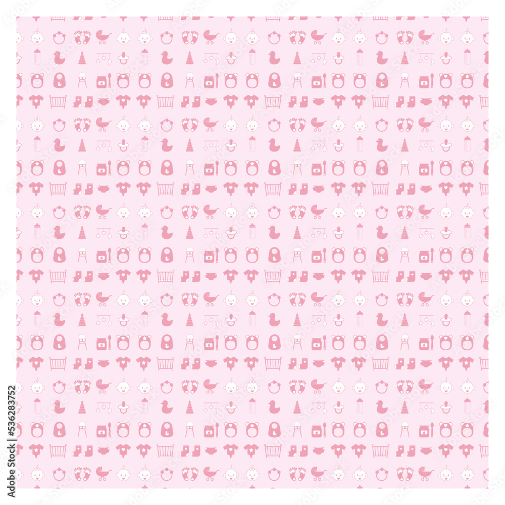 Seamless pattern of baby care items, pink color, vector illustration. Flat icons. Seamless pattern of baby care items, pink color, vector illustration. Flat icons.