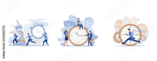 Concept save time, Money saving, alarm clock rings on white background, people rush to do everything at work, set flat vector modern illustration