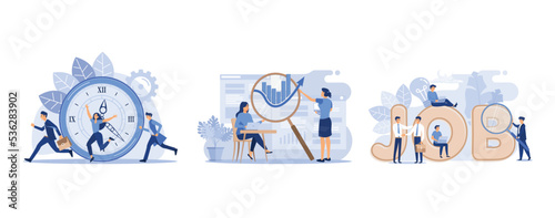 work time management concept, office workers are studying the infographic, job search, set flat vector modern illustration