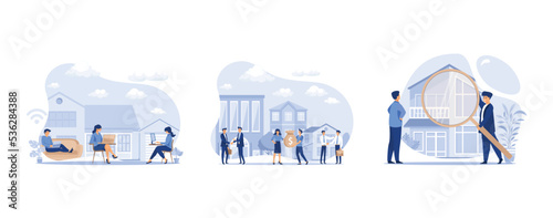 group of people working from home on the internet online, Buying and choosing housing, real estate business concept, set flat vector modern illustration