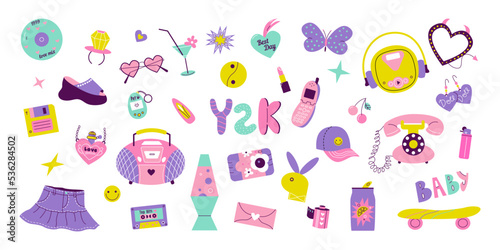 Y2k aesthetic elements set on white background. 90s 2000s style glamour girly collection. Cartoon vector illustrations for icon, sticker, patch. Cute trendy 00s nostalgia graphic design