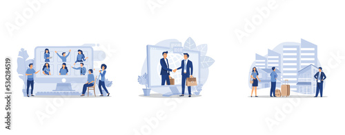 Group of people having on site meeting with two colleagues remotely discussing via video call, Online agreement, conclusion of the transaction, real estate business concept with houses, set flat vecto