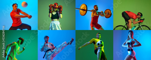 Sport collage of professional athletes posing isolated on multicolored background in neon. Volleyball, boxing, cycling, karate, fitness, weightlifting