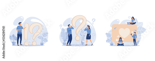 Fototapeta Naklejka Na Ścianę i Meble -  concept illustration of frequently asked questions of exclamation marks and question marks, answer to question metaphor, communication over the Internet, set flat vector modern illustration