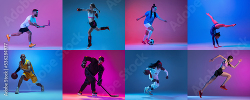 Floorball, basketball, kickboxing, soccer, hockey and gymnastics. Sport collage of professional athletes posing isolated on multicolored background in neon.