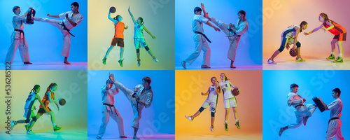 Sport collage of professional athletes posing isolated on multicolored background in neon. Basketball and judo, karate.