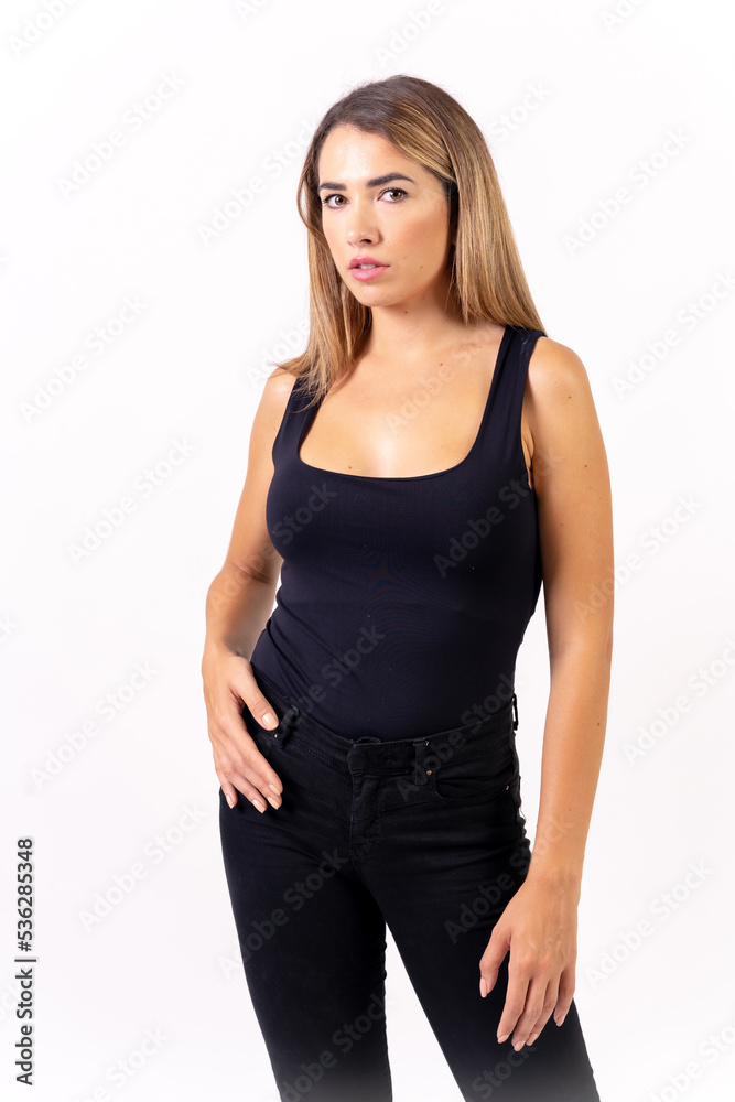 A young blonde woman a black t-shirt on a white background, casting photos for movie actress A young blonde woman a black t-shirt on a white background, casting photos for movie actress