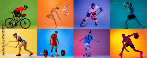 Sport collage of professional athletes isolated on colorful background in neon. Cycling, gymnastics, hockey, mma, fitness, soccer, basketball and weightlifting. © master1305