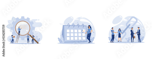 analyze data, pregnant woman expecting childbirth looking at the calendar, handshake concept, set flat vector modern illustration