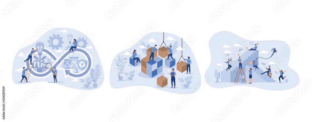 Circular economy manufacturing cycle, sustainable strategy tiny person ...