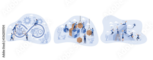 Circular economy manufacturing cycle, sustainable strategy tiny person concept, Solving problem and difficult work teamwork assemble tiny persons, Reaching for career goals and success, set flat vecto