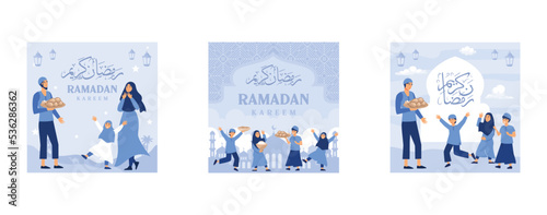 Iftar Eating After Fasting feast party concept, Moslem family dinner on Ramadan Kareem or celebrating Eid with people character, web landing page template, banner, presentation, social or print media,