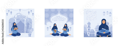 Reading the holy Quran flat design concept, Women reading the Quran in the month of Ramadan, Muslims reciting verses, Can use for web landing page, banner, ui, set flat vector modern illustration