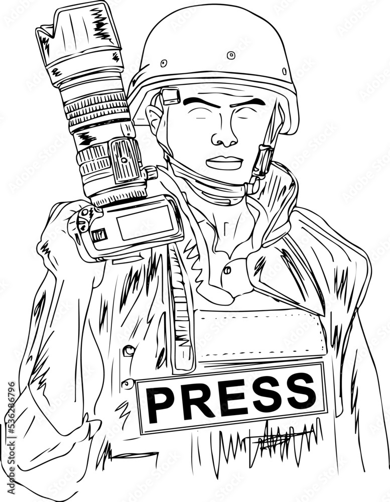 Vecteur Stock War Journalist Pictures, War Reporter with zoom camera sketch  drawing, Press reporter in war zone outline illustration, silhouette of  media man | Adobe Stock