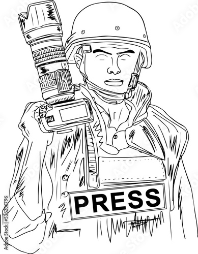 War Journalist Pictures, War Reporter with zoom camera sketch drawing, Press reporter in war zone outline illustration, silhouette of media man