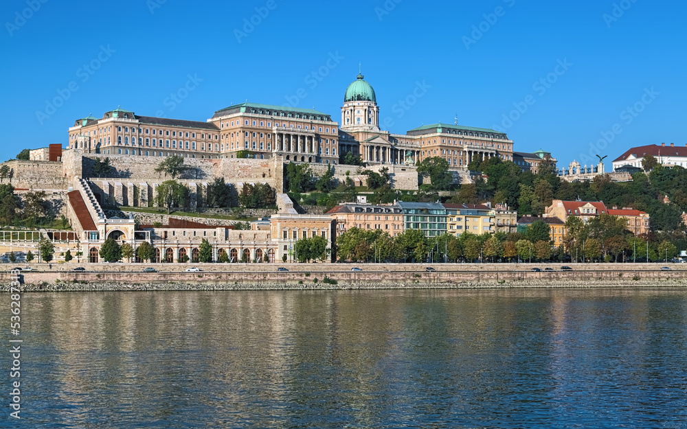 The Royal Palace in the Buda Castle of Budapest, Hungary. View from Danube in autumn morning.