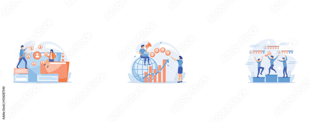 Human resources, HR team work and headhunter service concept, Economist with megaphone, economic growth column and market productivity chart, Tiny people winners sportsmen on podium with rating stars,