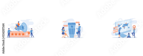 Rating scale, high ranking, top ranking concept, Rest from work, colleagues drink hot refreshment, International business, company branch opening, worldwide import and export concept, set flat vector 