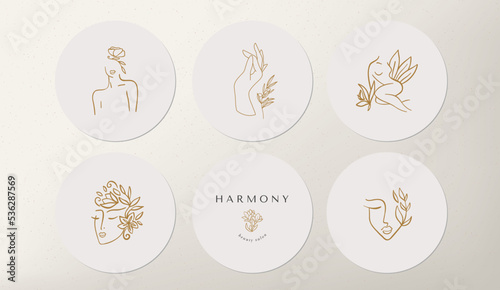 Set of icons and emblems for social media news covers with gold butterflies and female flower on a white background. Design templates for yoga studio astrologer, tourism, beauty salons