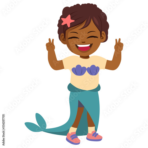 Little girl with handcrafted mermaid costume. Vector illustration of kid with Halloween disguise