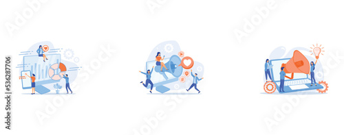 Customer relationship management, Social media influencers with loudspeaker cartoon characters, Creative digital advertising campaign, agitational message, public announcement concept, set flat vector