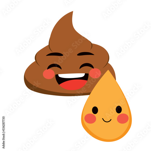 Cute funny happy urine drop pee and poop characters. Vector cartoon kawaii icon bathroom toilet concept