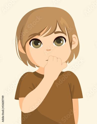 Vector illustration of a kid biting nails. A little boy bites his fingernails, he is nervous and worried, stressed. Child neurotic with bad habit.