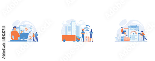 Business strategy and budget planning, Urban cargo trucking, goods transportation business, cash refund, parcel return concept, Tiny people analysts evaluating ability of prospective debtor to pay the