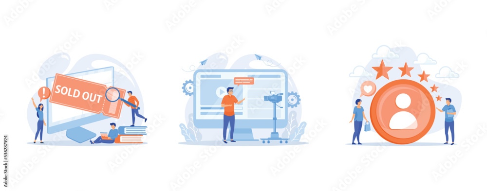 Fototapeta premium Online booking system, Video bloging, web television or embedded video concept, Marketer measuring customer satisfaction and rating stars, set flat vector modern illustration