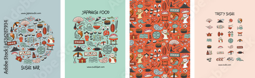 Concept Art, Japaneese Food and Traditions. Frame, background, tree, icons. Set for your design project - cards, banners, poster, web, print, social media, promotional materials. Vector illustration