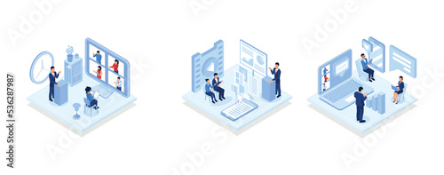 Modern technology in education, Digital podium in virtual class, data visualization, synchronized access to smart class, video conference, isometric vector modern illustration