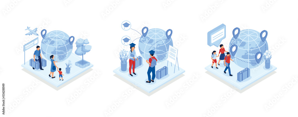 Human capital, International migration, brain drain, digital nomad, trained workers, buisness start up, leave country, freelance job abstract metaphor, isometric vector modern illustration