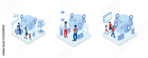 Human capital, International migration, brain drain, digital nomad, trained workers, buisness start up, leave country, freelance job abstract metaphor, isometric vector modern illustration
