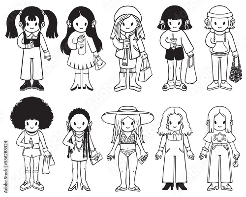 Vector set with different cute girls in various clothes. Isolated vector drawing in cartoon style. 