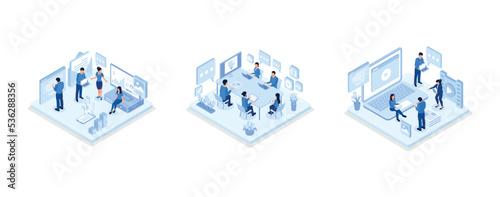 People team work together in web industry, Devops at work concept, Web content concept with character, isometric vector modern illustration