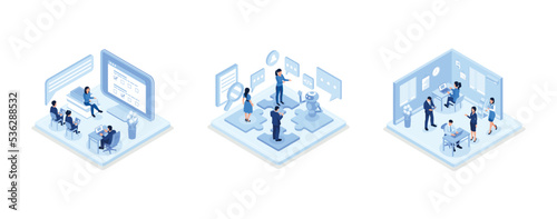 Online survey or questionnaire concept, Interaction between team and robot, People in coworking office concept design, isometric vector modern illustration