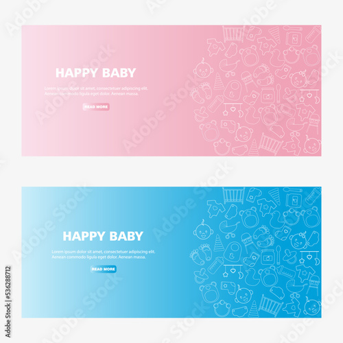 Happy baby banner, including a set of linear signs on a blue and pink background
