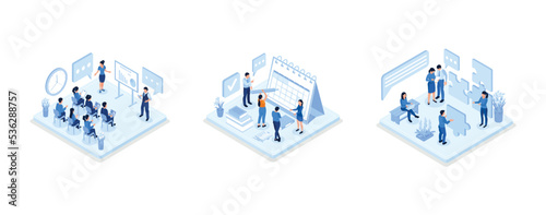 Business training or courses concept, Planning schedule and calendar, Teamwork success with puzzle, isometric vector modern illustration © Alwie99d