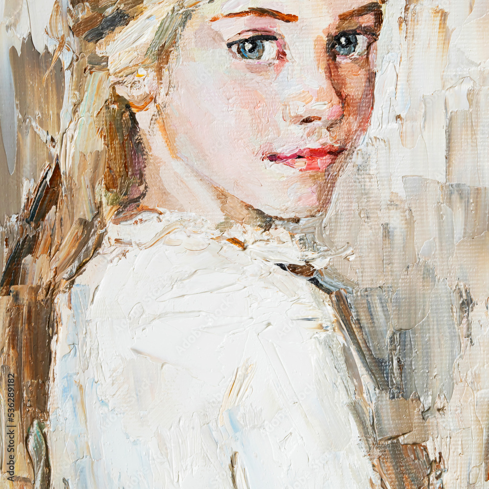 Portrait of a young, dreamy girl with blond hair on a mysterious abstract background. Palette knife technique of oil painting and brush.