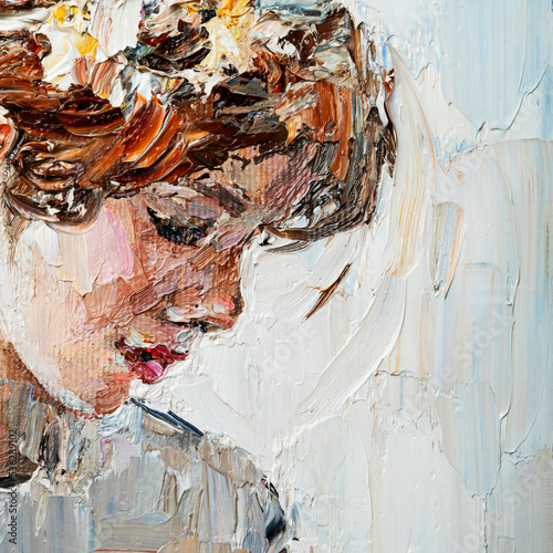 Fototapeta Naklejka Na Ścianę i Meble -  Beautiful pensive young girl with flower in her hair. Created in expressive manner and light colors, palette knife technique of oil painting and brush.