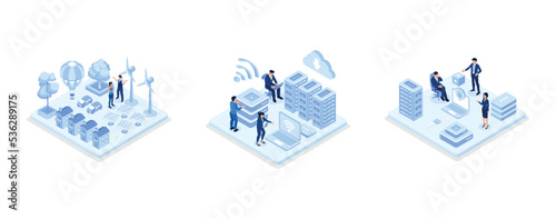 Modern Green City Center with Private Houses, Solar Energy Panels, Windmills and Electric Cars, Character Monitoring Big Data Storage Connected with Cloud Computing Service, 