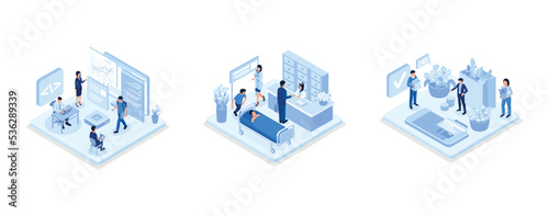Character Developing new Software on Laptop, Health Care Services and Online Medicine Concept, Making Order in Online Grocery Shop and Paying with Credit Card, isometric vector modern illustration