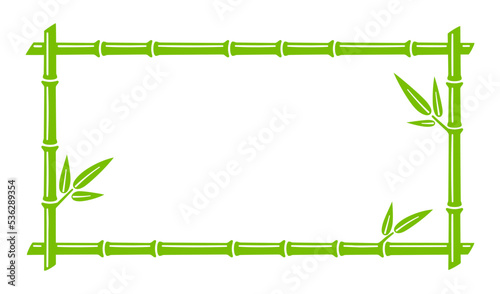 Green bamboo trunk rectangle frame. Natural text box. Bamboo branch border with leaves. Blank frame template. Vector illustration isolated in flat style on white background.